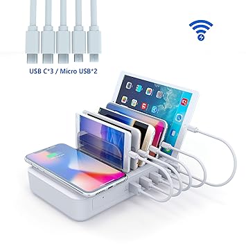 YOJA Kabellos Ladestation Mehrere Geräte Wireless Charger 5 Port USB Charging Station Multi Ladestation Handy Tablet mit Kabe