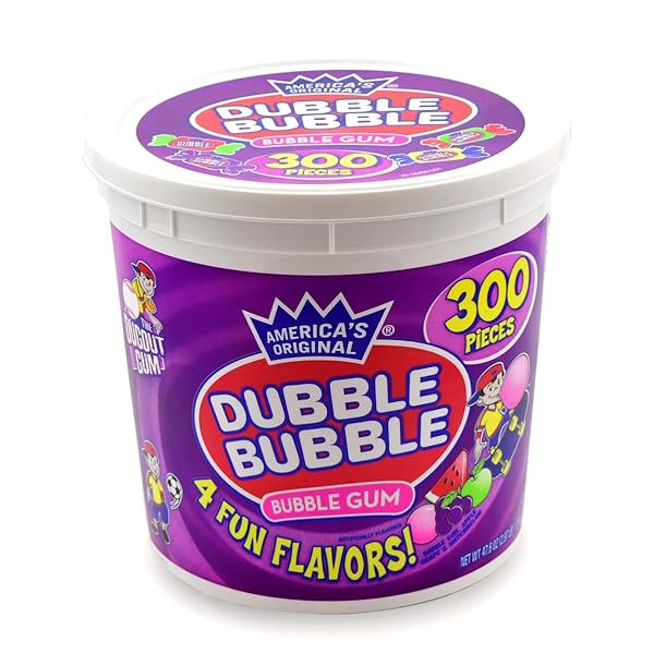 TOOTSIE ROLL DUBBLE BUBBLE GUM – 300 COUNT RESEALABLE TUB OF INDIVIDUALLY WRAPPED FRUIT AND BUBBLE GUM – ORIGINAL, WATERMELON, APPLE AND GRAPE FLAVORS – PEANUT AND GLUTEN FREE, 47.6 OUNCE