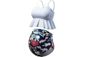 GINKANA Maternity Bikini Two Piece Swimsuits Ruffle High Waisted Maternity Bathing Suit Summer Pregnancy Swimwear