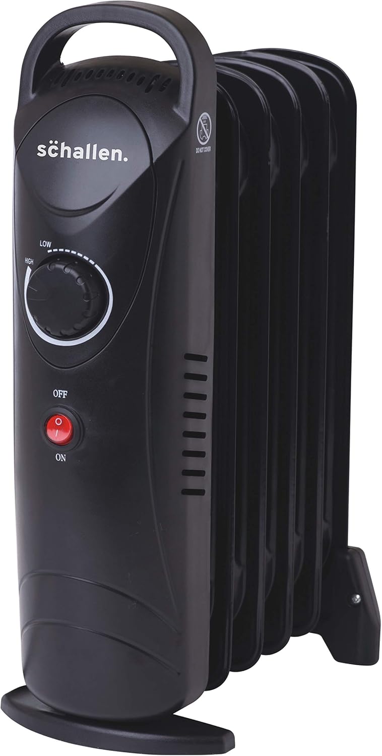Schallen 800W 6 Fins Black Portable Electric Slim Oil Filled Radiator Heater with Adjustable Temperature Thermostat