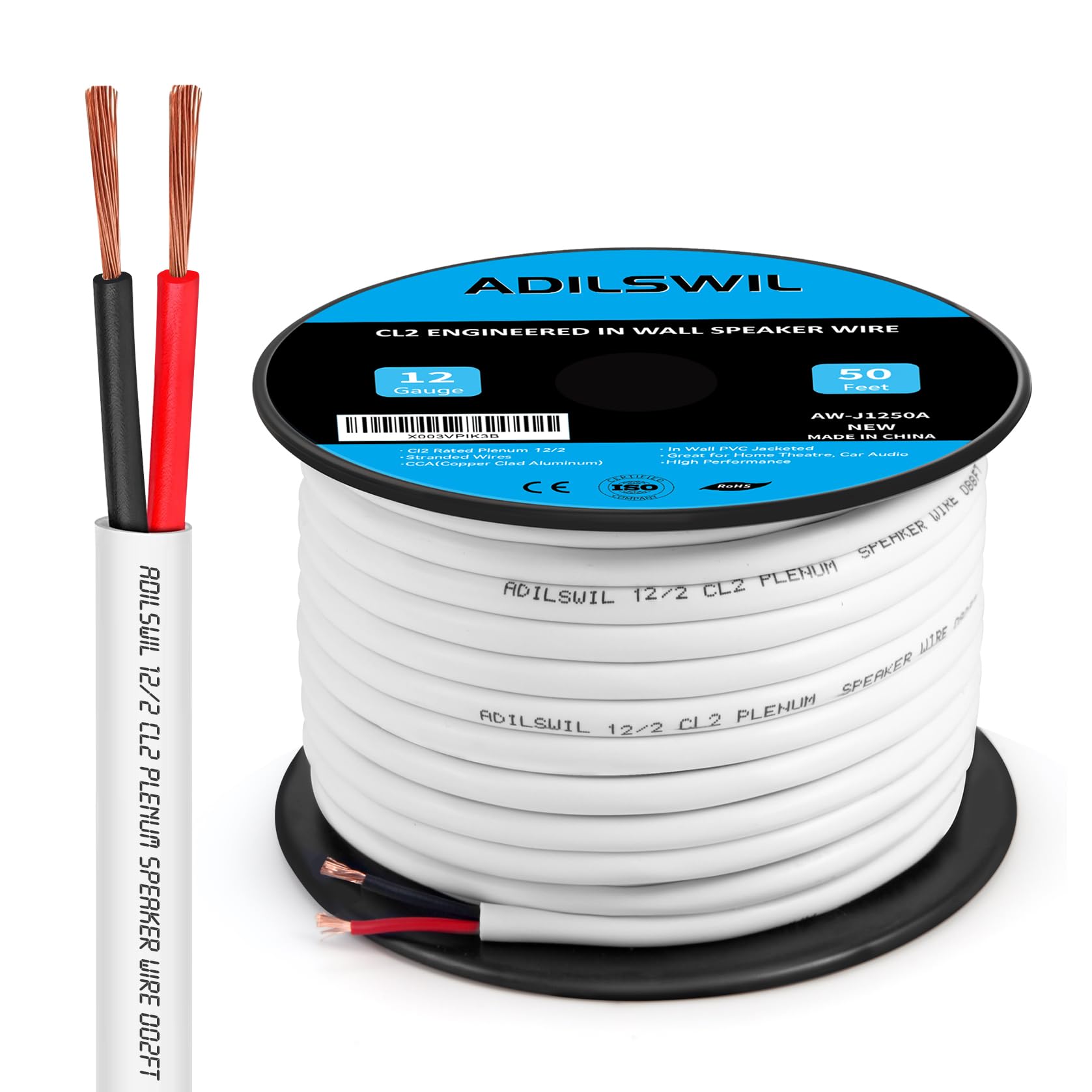 Photo 1 of 12 Gauge Speaker Wire (50FT), Electrical Wire,12 AWG Stranded PVC Extension Cord, 12V Low Voltage/Tinned Copper/Flexible Cable for Automotive Wiring, Lamp Cord, Marine Cable-CCA