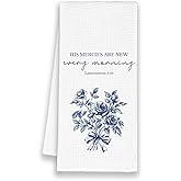 Xmsaitar Vintage Christian Blue Peony Floral Kitchen Towels, Scripture His Mercy are New Every Morning Hand Towels for Bathroom, Rustic Decorative Dish Towels Decor for Home 16x24in