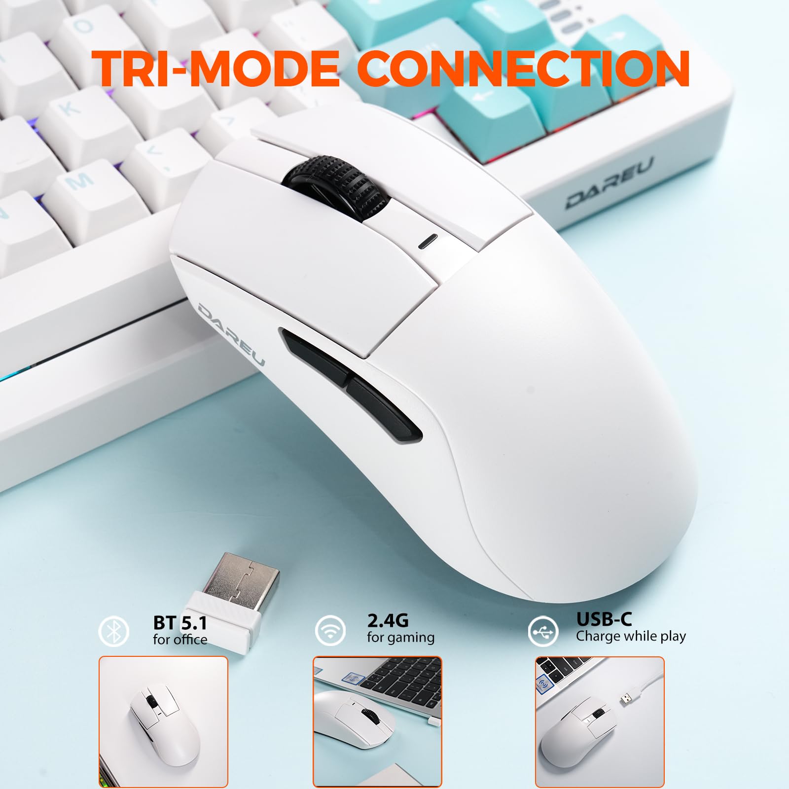 DAREU A950GM 60g Ultralight Gaming Mouse, PixArt PAW3395 Gaming Sensor, 100 Millionen HUANO Gaming Micro Switches, 26000 DPI, 30 Minuten Schnellladung, Tri-Mode Gaming-Maus für PC/Mac, Weiß 3
