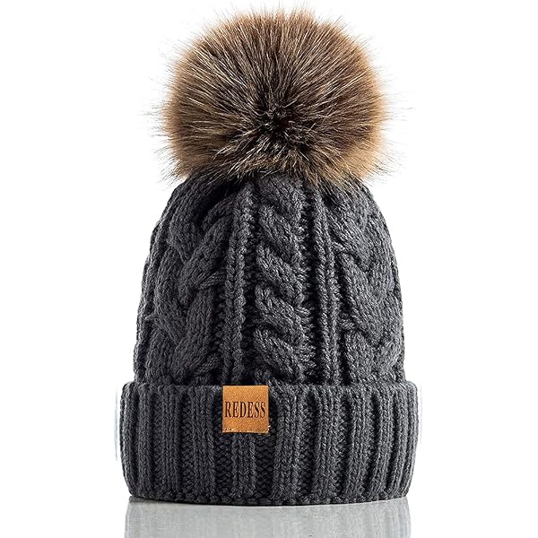 CC Quality Women's Faux Fur Pom Pom Beanie - Fleece Lined Slouchy Cable Knit Winter Hat - View #5