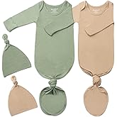 2Pk Newborn Baby Knotted Gown, Super Soft Silky Infant Long Sleeve Sleeper for Baby Sleeping with Hat Green & Camel(2 Packs 0-3 Months)