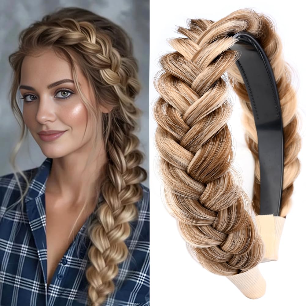 GLEDOLA Wide Messy Braided Headband with Teeth Synthetic Hair Plaited Headband High Elasticity Braids Chunky Fishtail Braided Hair Band Hairpiece for Girls Women (Highlighted) — image 1