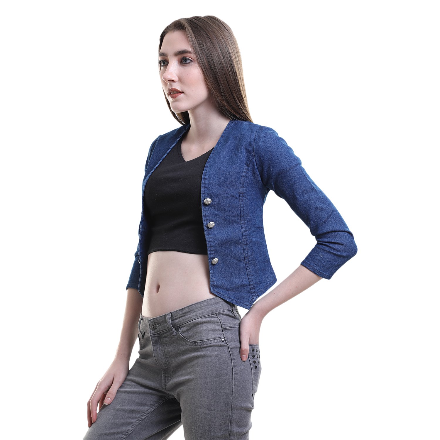 buynewtrend denim blue shrug/jacket for women
