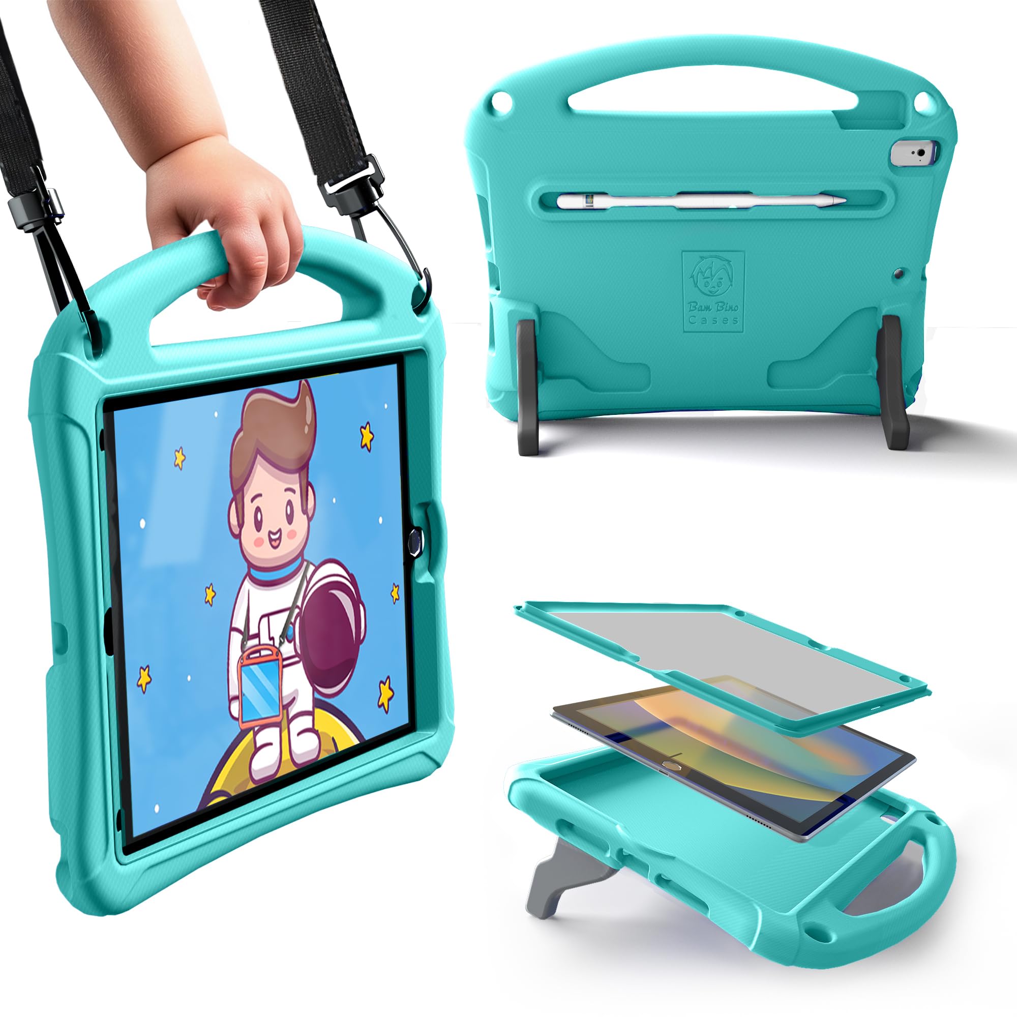 Bam Bino Space Suit iPad 9th Generation Case Kids, iPad 8th/7th (2021/2020/2019) 10.2 inch iPad Case, Lightweight shockproof with Screen Protector, Shoulder Strap, Handle, Stand (Aquatic Turquoise)