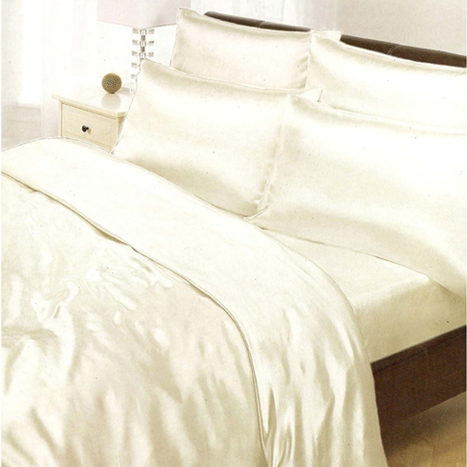 SATIN Cream Single Duvet Cover, Fitted Sheet and 2 Pillowcases Bedding