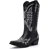 Rivalran Cowboy Boots for Women - Cowgirl Boots with Embroidery, Chunky Heel Pointed Toe Pull-on Vintage Western Mid Calf Fashion Boots for Ladies