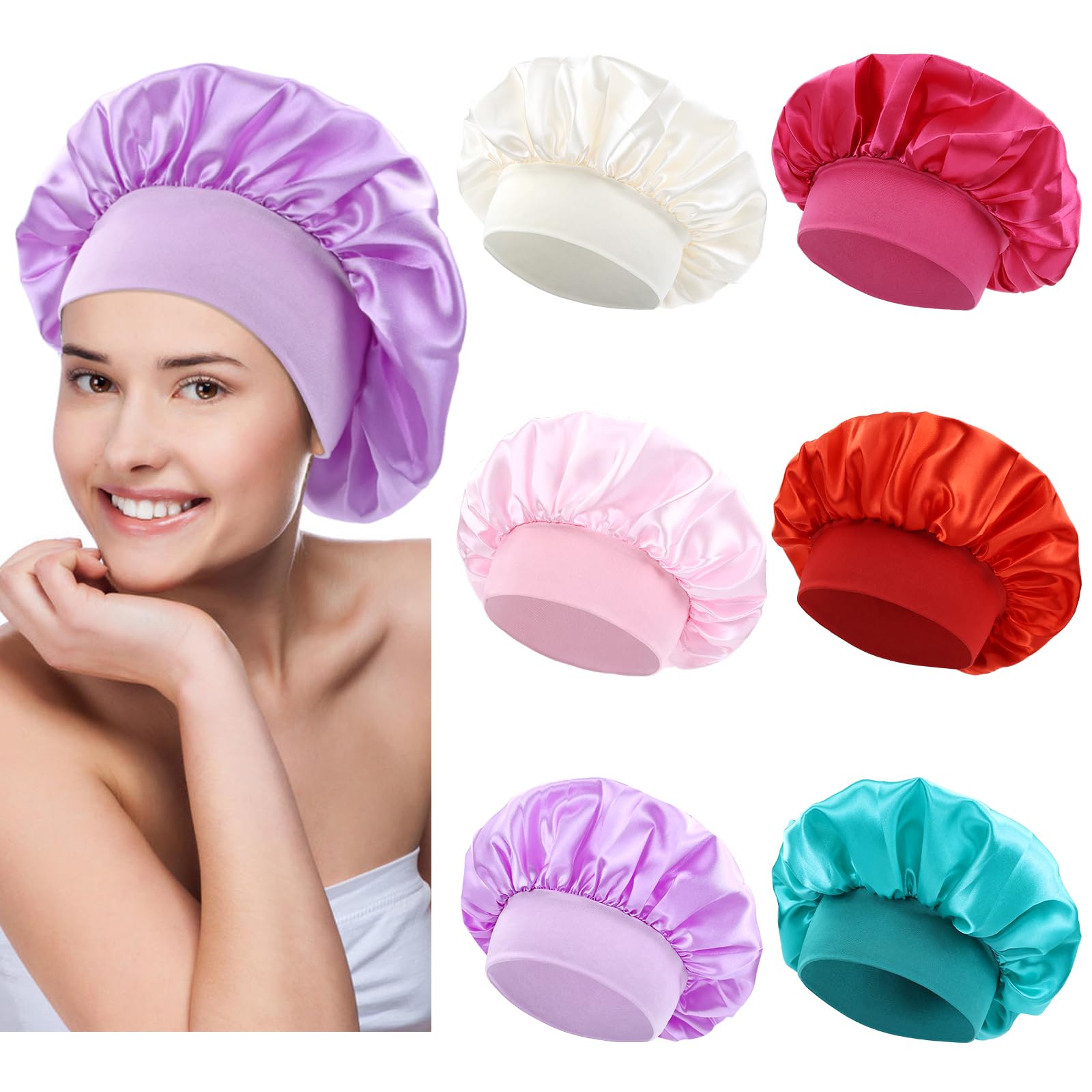 Yoosit 6 Pack Colors Satin Lined Silky Sleeping Bonnets Sleep Caps Curly Long Hair Protector Night Large Adjustable Wide Brim Band Sleep Hats Hair Wraps for Women Men Girl (Spring Colors)