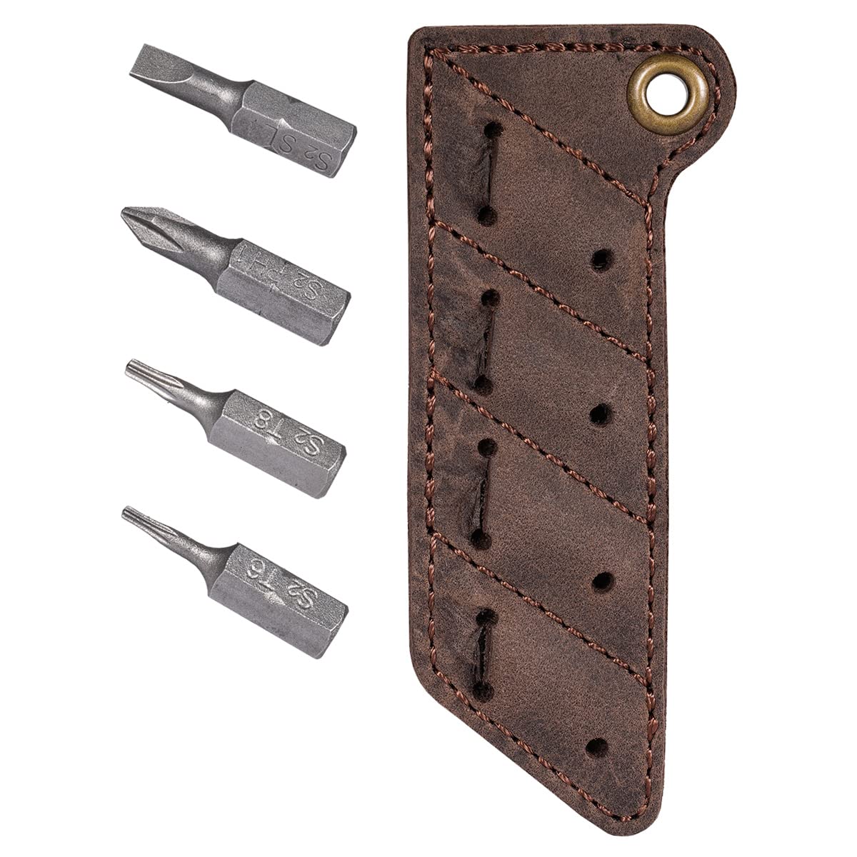 KeyUnity Leather Sheath Screw Bit Organizer, Hand Stitched Bit Set Pouch, 4 pcs Magnetic Bits, Screwdriver Bit Holder Pocket, Ideal for Men & Women Outdoor & Home Use