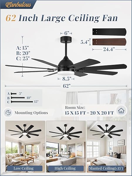 FANBULOUS 62 INCH CEILING FANS WITH LIGHTS, BLACK MODERN CEILING FAN WITH REMOTE,LARGE FARMHOUSE INDOOR & OUTDOOR CEILING FAN WITH 8 DUAL FINISH BLADES, QUIET DC MOTOR, BRIGHT LED LIGHT