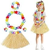 Fortuning's JDS Girl's Hawaiian Hula Grass Skirt with Flowers Costume Set Raffia Skirt for Luau Tropical Beach Party