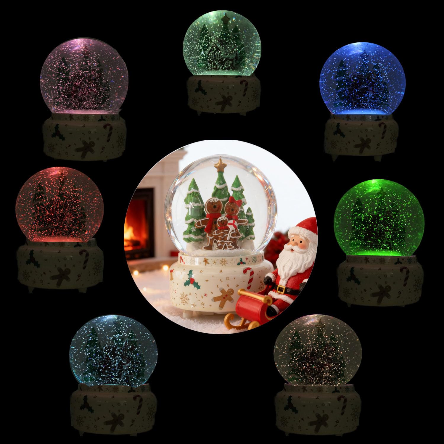 GIYBIGM 6.5Inch Height Christmas Snow Globe with Gingerbread Man House on Ceramic Base LED Light Musical Snowflakes Holiday Decoration, Holiday Home Decor, Large Water Globe.