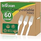 Biocean 100% Compostable Forks 60 Count Disposable Forks Heavy Duty Utensils Set Fork Silverware Eco Friendly Flatware Plastic Free for Party Camping Picnics Wedding-Ivory White