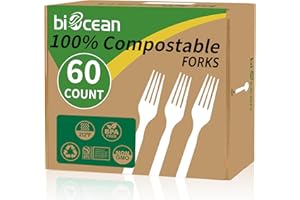 Biocean 100% Compostable Forks 60 Count Disposable Forks Heavy Duty Utensils Set Fork Silverware Eco Friendly Flatware Plastic Free for Party Camping Picnics Wedding-Ivory White