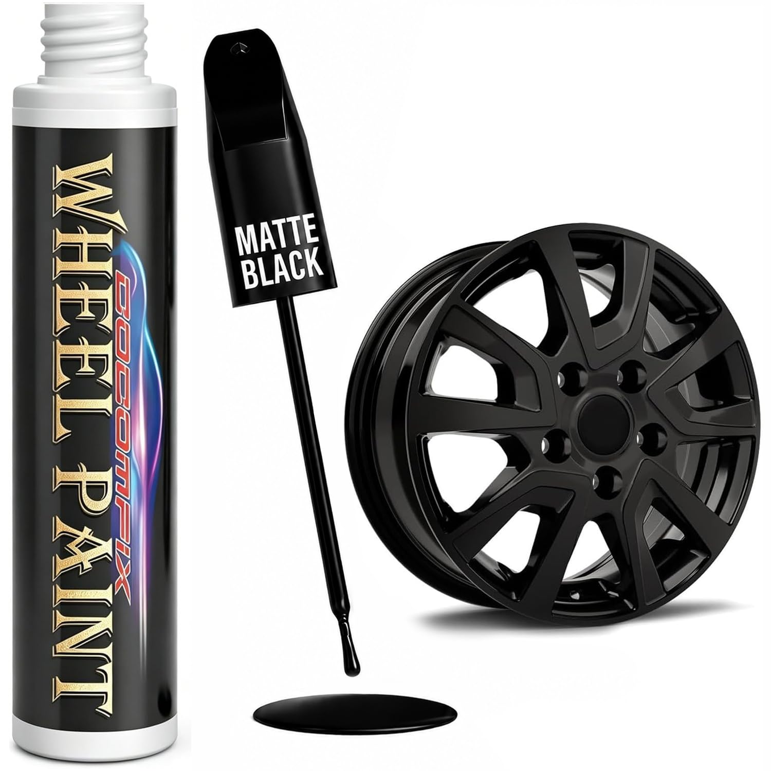 Matte Black Rim Touch Up Paint, Flat Black Wheel Paint Pen for Curb Rash & Scratch, Car Wheel Scratch Repair Kit for Alloy, Metal, Enamel, Universal Satin Black Automotive Touch Up Paint Pen (1 fl oz)