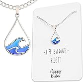 Happy Kisses Silver Wave Necklace - Beach Jewelry for Surfers and Sea Lovers - Motivational Drop Shape Pendant with Gift Message Card