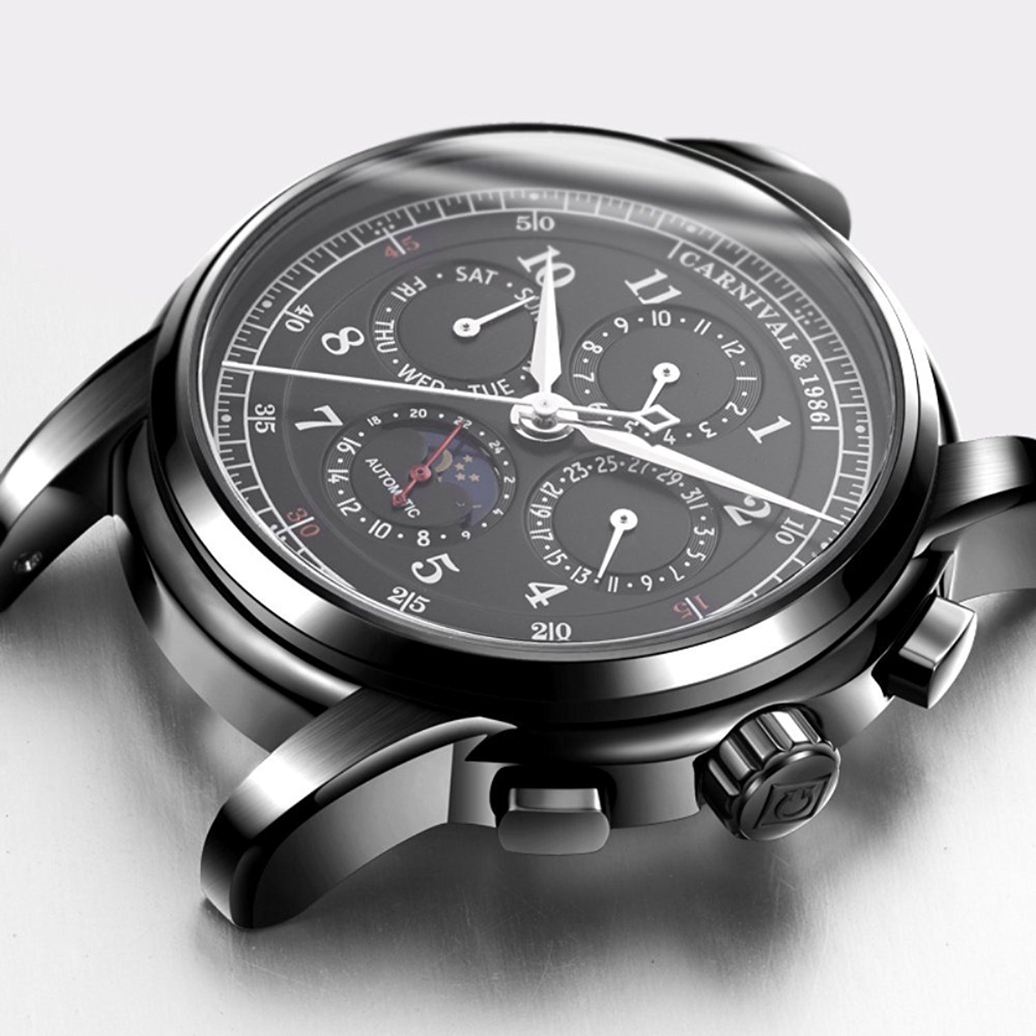 Amazon.com: Men's Automatic Mechanical Watch Date Moon Phase 24-Hour  Indication Calfskin Leather Transparent Watches (Brown Leather- All Black):  Watches