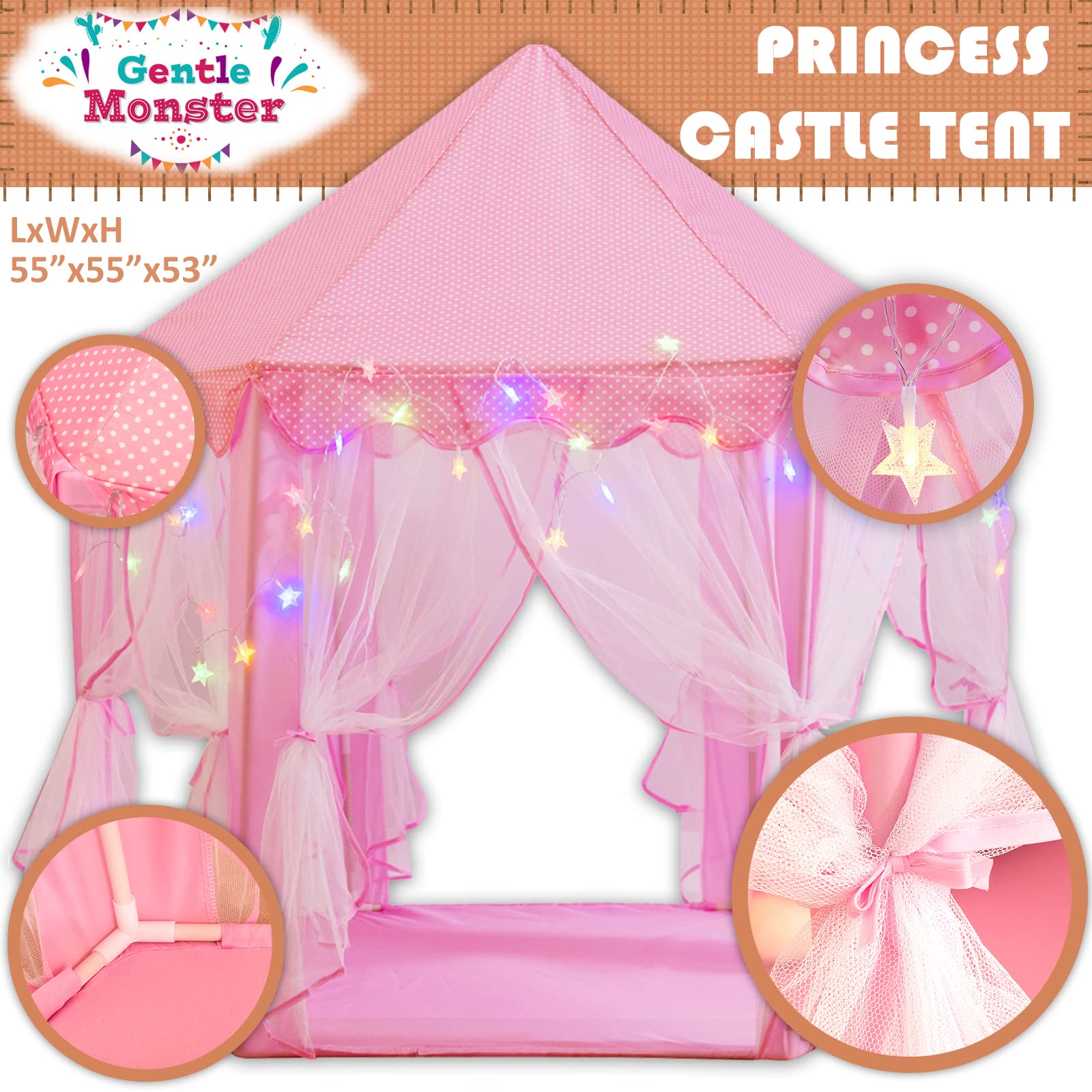 Princess Tent Girls Large Playhouse Kids Castle Play Tent with Star Lights, Bonus Princess Tiara and Wand Toy for Children Indoor & Outdoor Games, 55