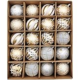 Christmas Ball Ornaments Set, 20ct 60mm Elegant White and Gold Assorted Christmas Tree Decorations, Shatterproof Christmas Tree Hanging Ornaments for Xmas Decoration
