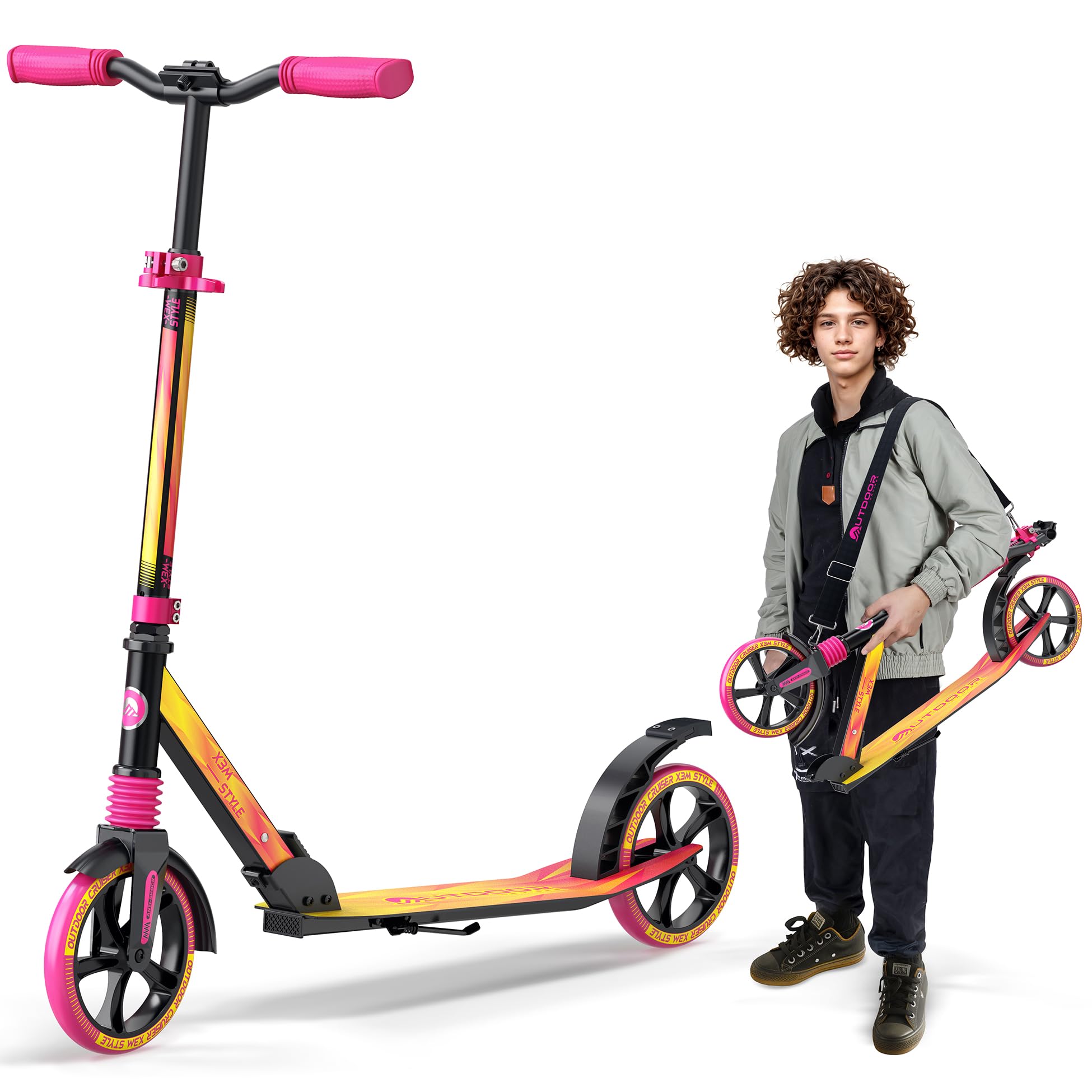 Photo 1 of **NOT TESTED BY H K DOES NOT HAVE THE CHARGERUSED  USED*** Outdoor Cruiser Kick Scooter for Ages 6+, for Kids, Teens, and Adults, Max Load 250 LBS, Foldable, 8-inch Big Wheels, Dual Suspension, 3 Adjustable Levels, Child Safety Approved, Yellow and Pink