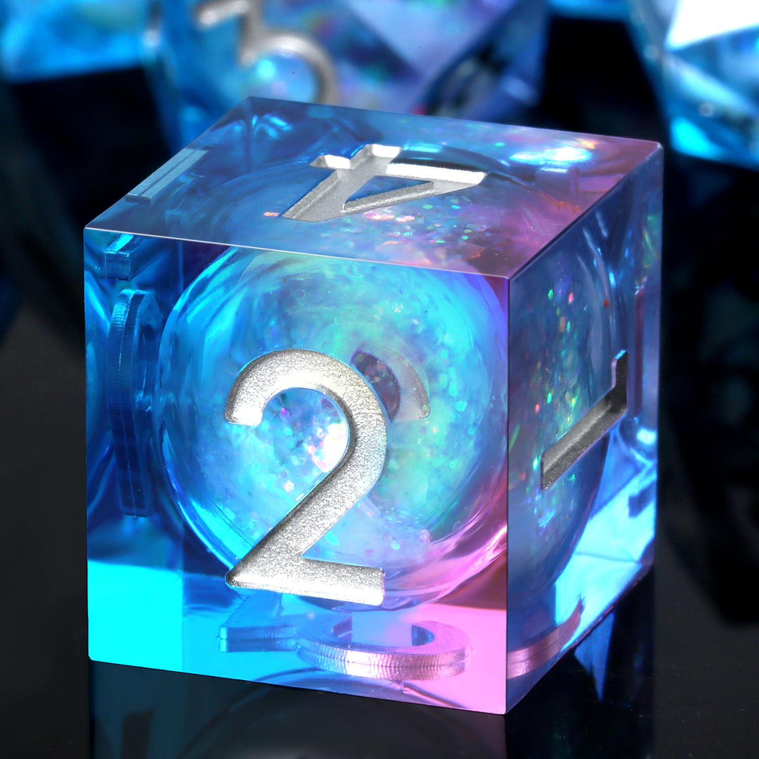 Resin Sharp Dice,DNDND 7PCS Glitter Liquid Resin DND Dice Set with Gift Case for Dungeons and Dragons Tabletop Game (Liquid Blue and Pink) — image 1