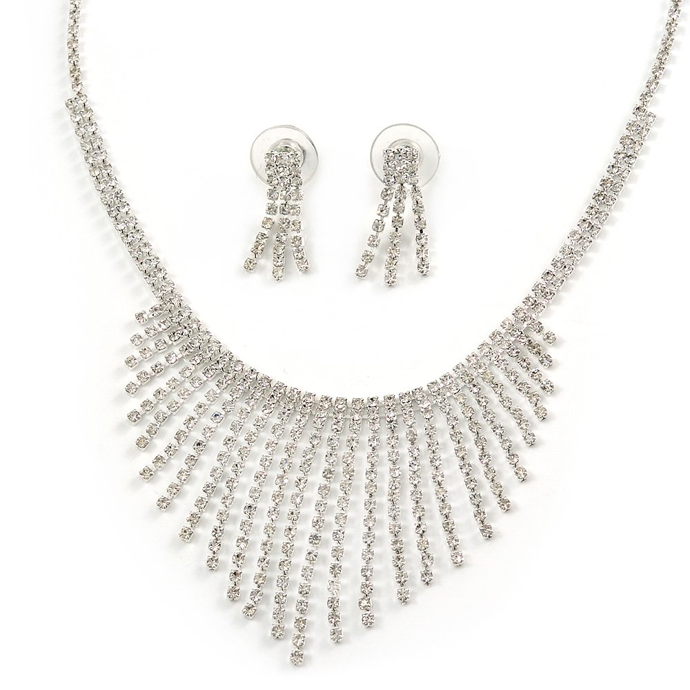 Avalaya Statement Bridal Clear Crystal Fringe Necklace & Earrings Set/Silver Tone/ 38cm L/ 10cm Ext