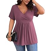 POSESHE Womens Plus Size Tops 2025 Summer Short Sleeves Tunic Tops Casual V-Neck Wrap Shirts Cute Dressy Work Blouses L-4XL