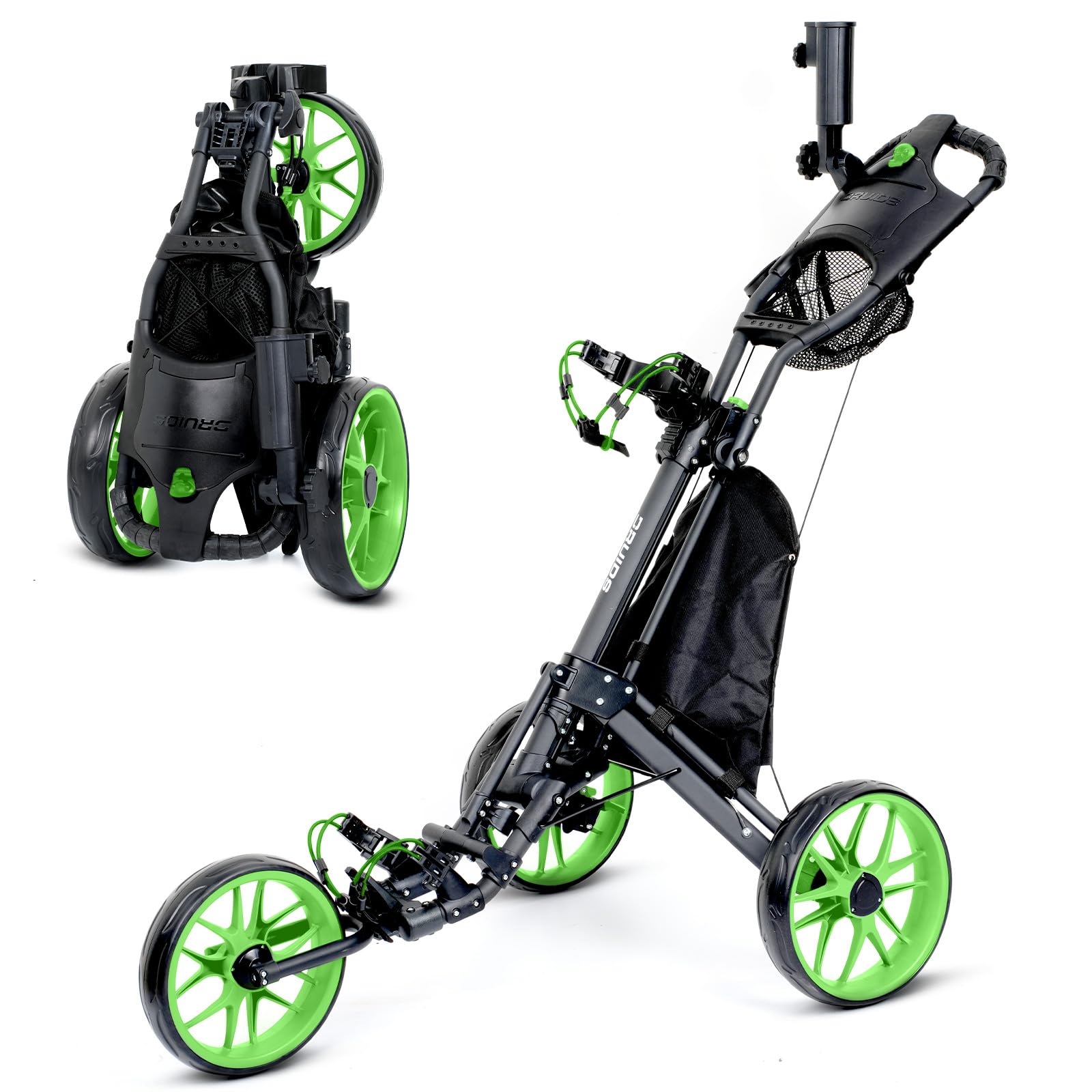 Photo 1 of DRUIDS 3 Wheel Golf Push Cart : Lightweight Golf Walking Cart with Cooler, Flat Fold Compact Folding Golf Trolley with Brake, Pull Behind Manual Golf Caddy with Cup Umbrella Holder, Green