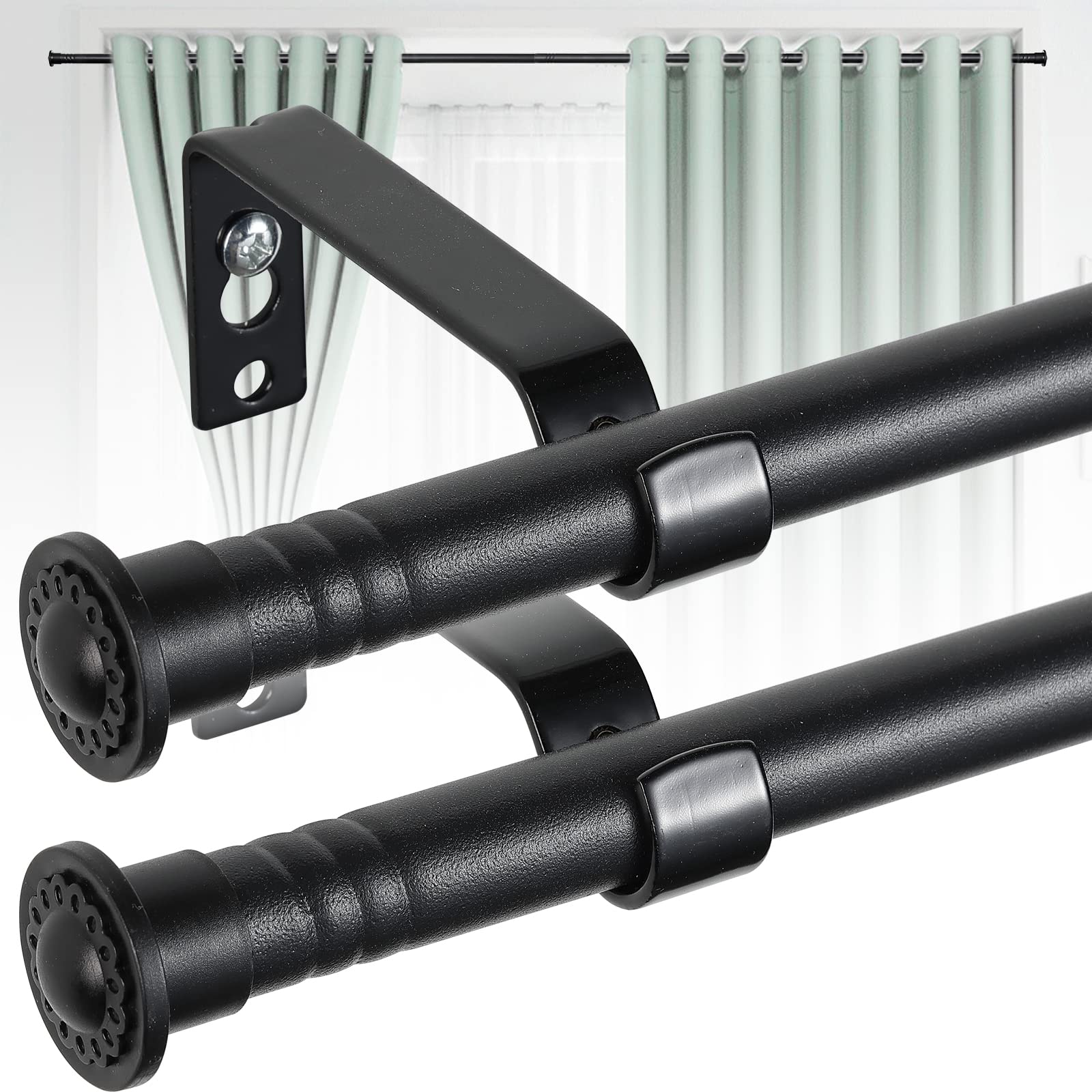 Harrms 2pcs Curtain Poles for Eyelet Curtains, 16mm Matt Black Voile Curtain Pole 76-116cm, Curtain Rod Metal with Adjustable Brackets and Cap Finials for Bedroom, Living Room