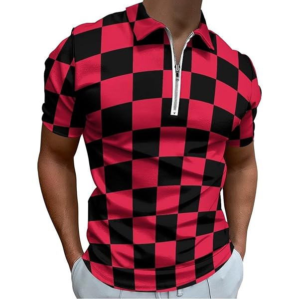 Amazon.com: Red Checkered Squares Men's Zipper Polo Shirt