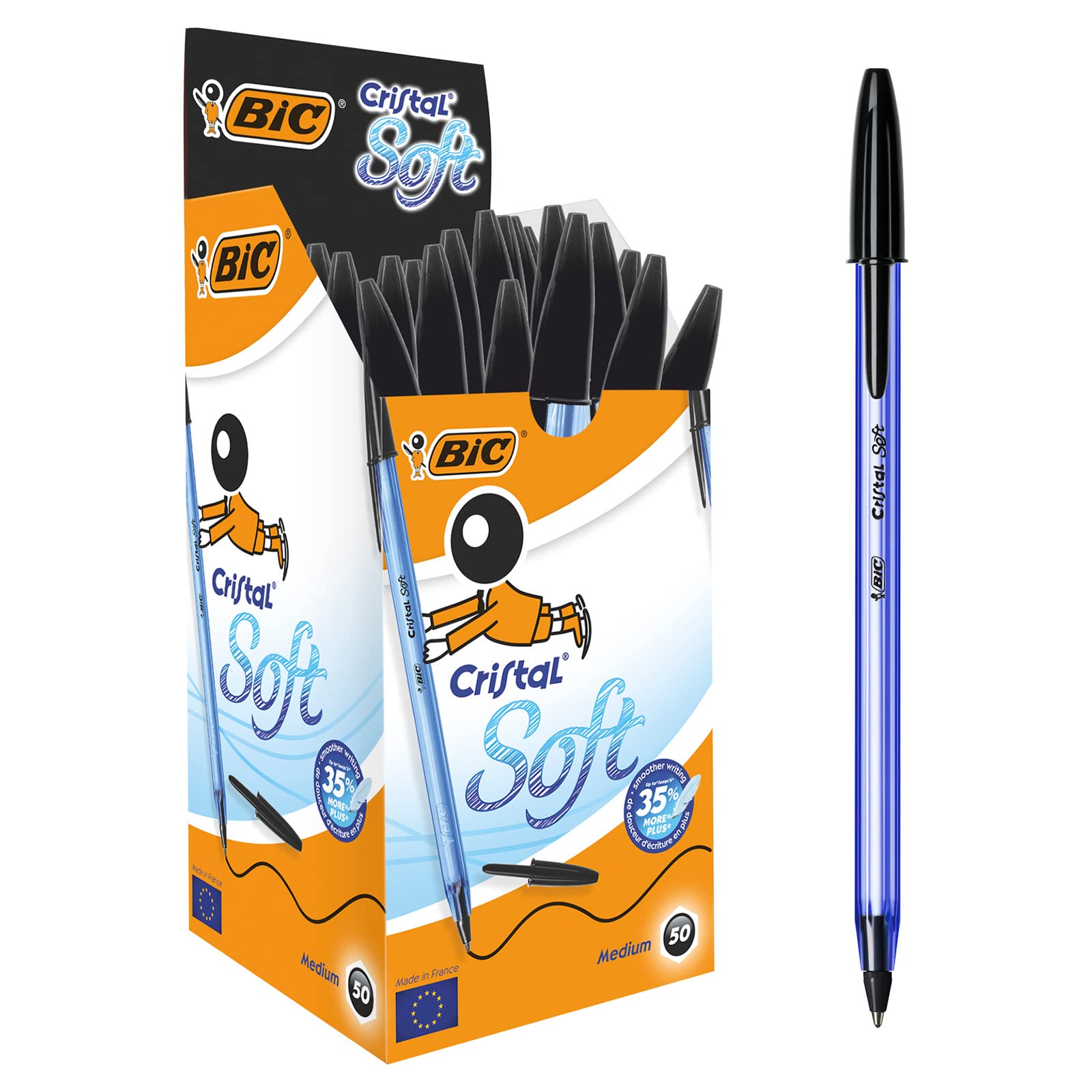 BIC Cristal Soft Ball Pens Medium Point (1.2 mm) - Black, Box of 50