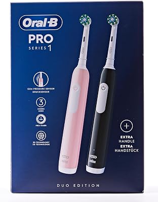 Pro Series 1 - Cepillo de dientes eléctrico, paquete doble, 2 cabezales de cepillo, 3 modos de cepillado y sensor de presión para cuidado dental, diseñado por marrón, rosa/negro