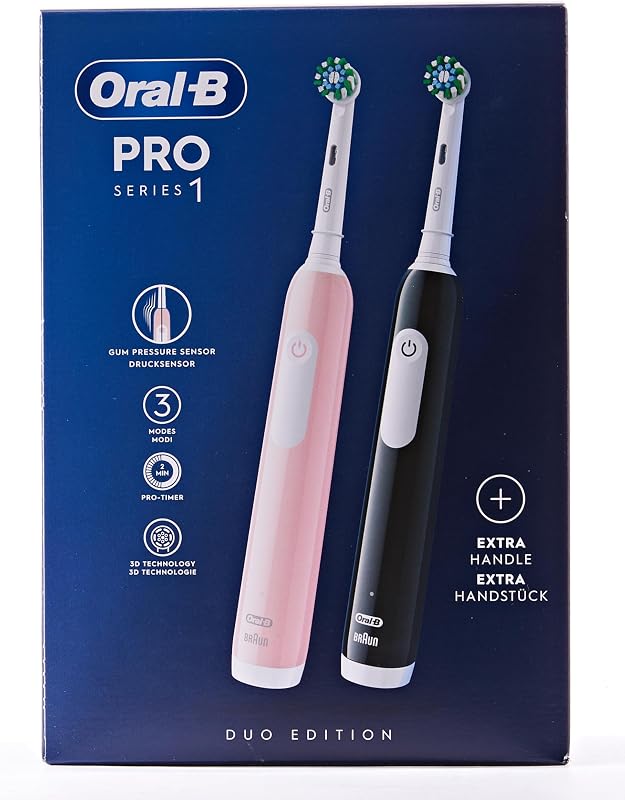 Escova de dentes elétrica oral-b pro series 1, pacote duplo, 2 cabeças de escova, 3 modos de escovação e sensor de pressão para atendimento odontológico, projetada por marrom/rosa/preto