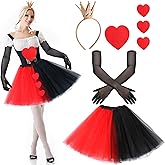 Xtinmee 4 Pcs Halloween Heart Costume for Women Include Crown Headband Red and Black Tutu Skirts Felt Patch and Black Gloves