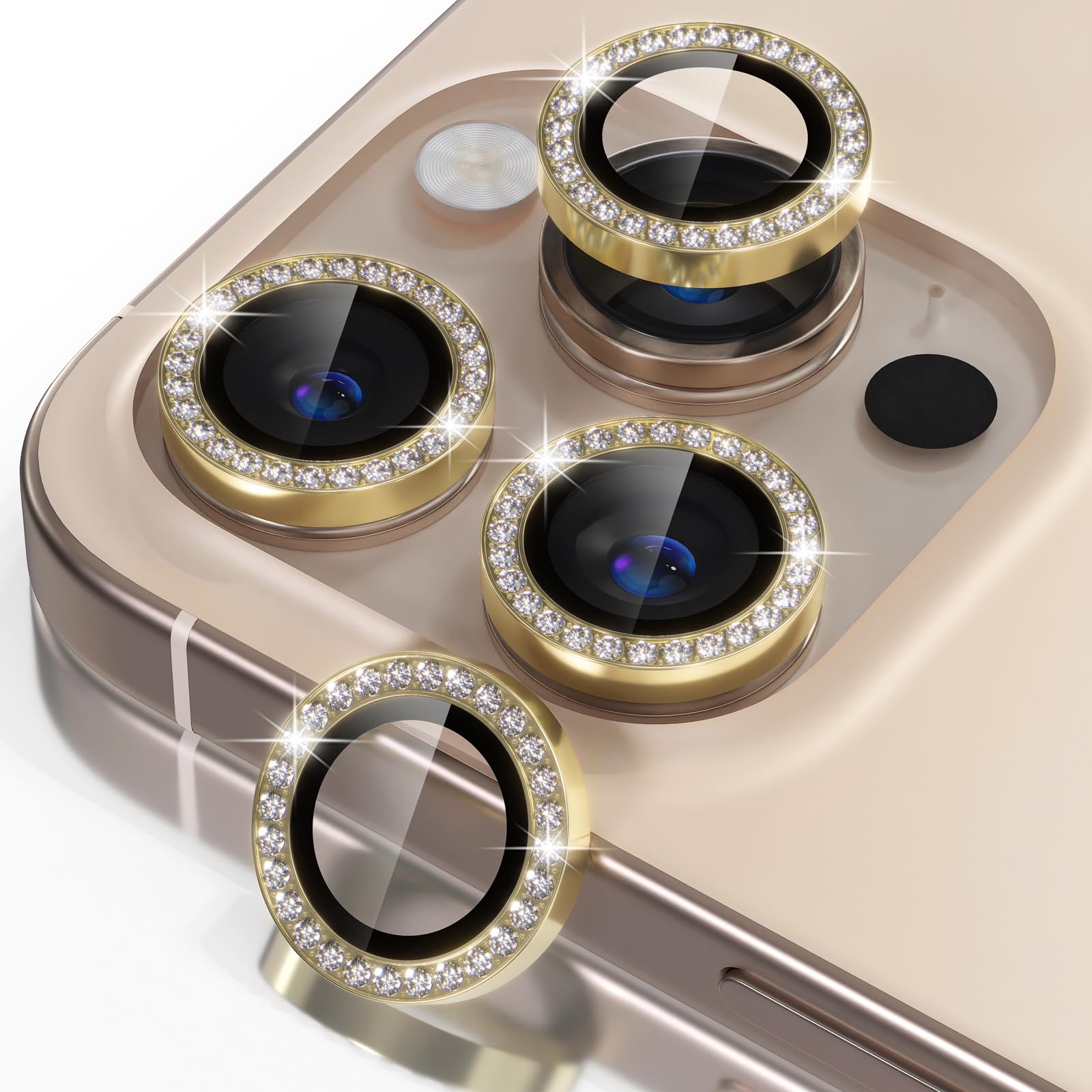 Misea Compatible for iPhone 16 Pro/iPhone 16 Pro Max Camera Lens Protector Bling, 9H Tempered Glass Camera Cover Screen Protector Metal Individual Ring Protector Decoration Accessories, Gold Diamond