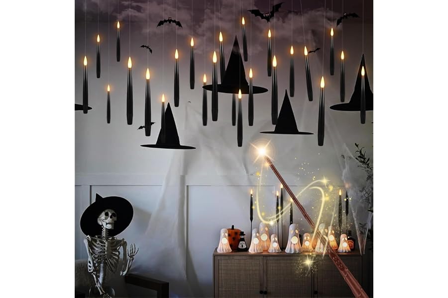Enpornk 36 Pcs Black LED Magic Hanging Floating Candles, Taper Flickering Flameless with 2 Magic Wands - Candle Set for Halloween, Party