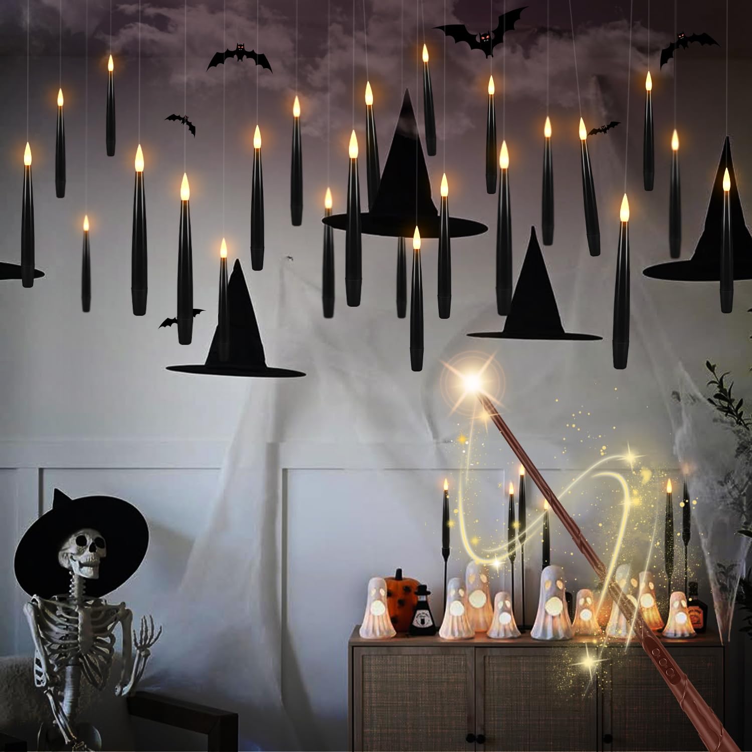 Enpornk 36 Pcs Black LED Magic Hanging Floating Candles, Taper Flickering Flameless with 2 Magic Wands - Candle Set for Hallo