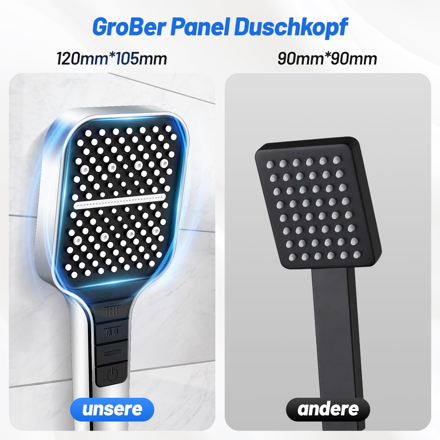 VEHHE Duschkopf Wassersparend, 7 Strahlarten Duschkopf Regendusche mit Stopptaste, Einhand-Einstellung und Anti-Stau-Silikondüse, Gross Duschbrause Druckerhöhend（Silber） 5