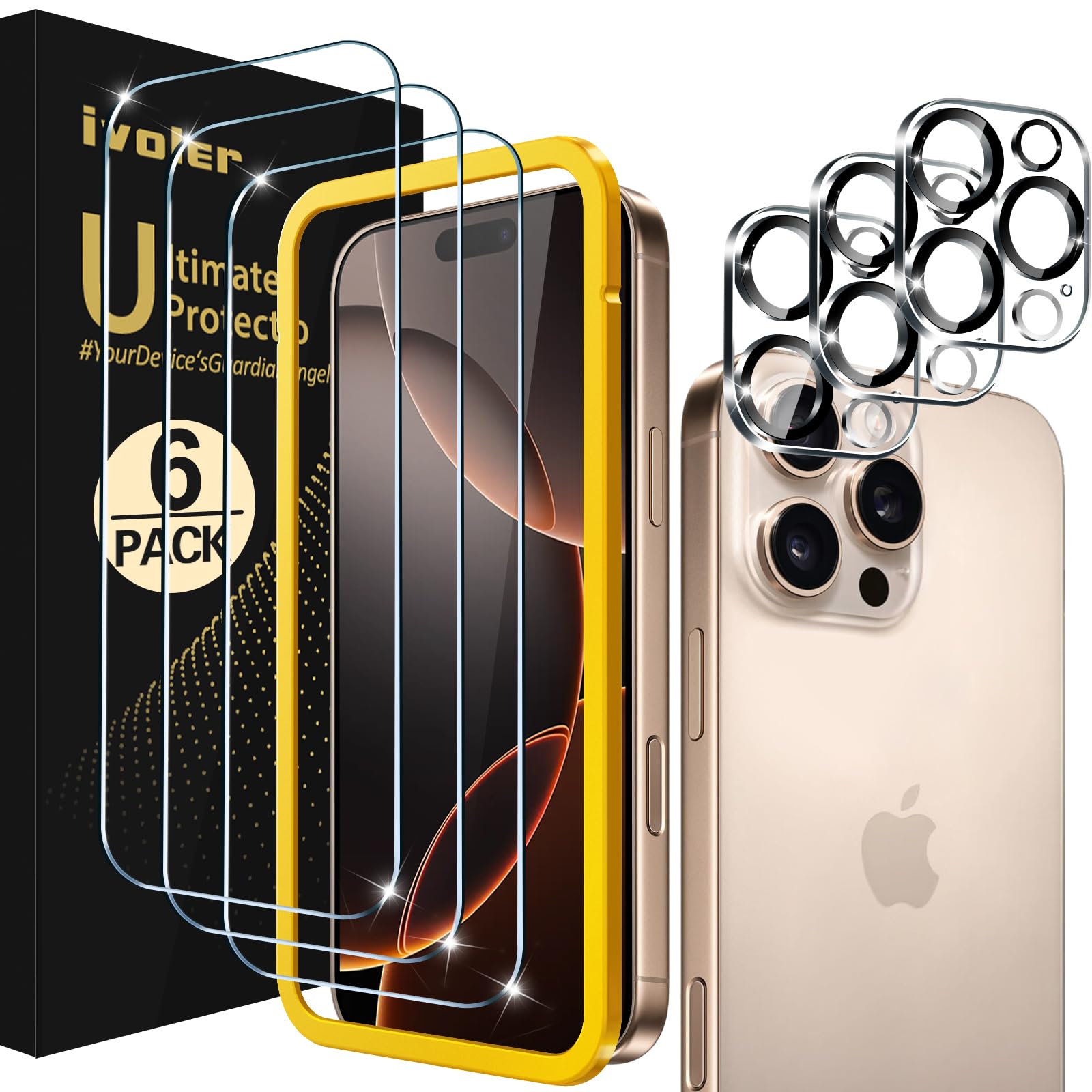 Photo 1 of ivoler 3+3 Pack Tempered Glass for iPhone 16 Pro 6.3" Screen Protector with Camera Lens Protector with [Alignment Frame], Anti-Scratch Case Friendly Transparent HD Clear Film