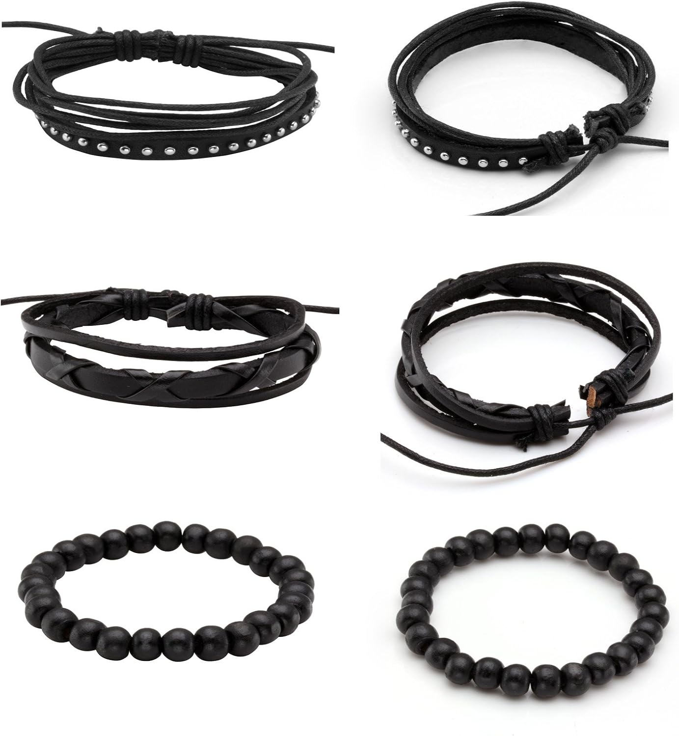 MILAKOO Punk Braided Leather Bracelet with Black Wooden Beads Stretch Bracelets Minimalist Bracelets Set, 5pcs - Image 3