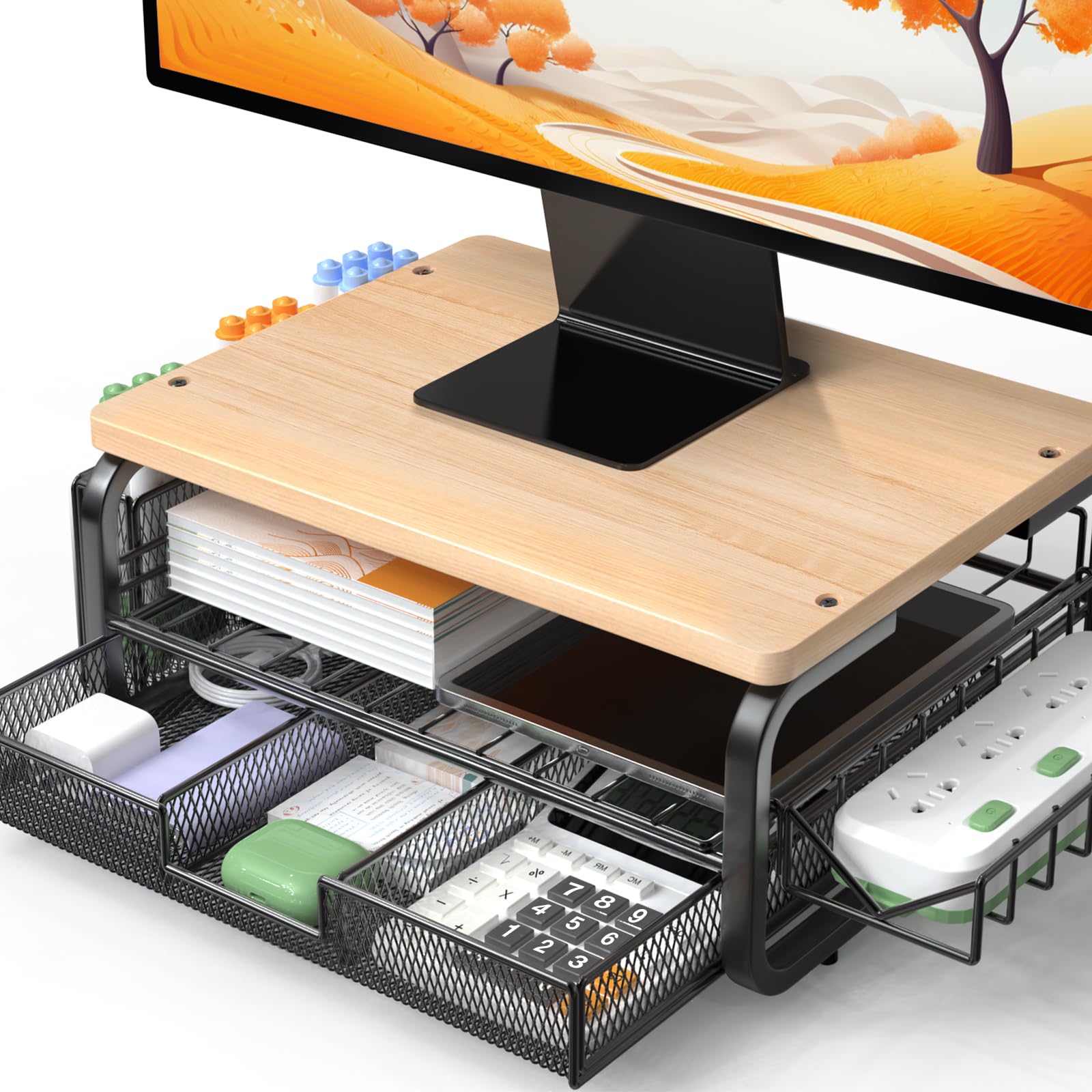 Photo 1 of Qatsrin High Grade Wood Monitor Stand Riser, Large Capacity Monitor Stand with Drawer, Monitor Stand for Desk with Plug Holder Pen Holder, Monitor Riser Desk Organizer for Laptop iMac, Original Wood