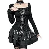 Allpunkall Goth Top T Shirts Women Lace-Up Long Sleeve Square Neck Punk Aesthetic Vintage Fairy