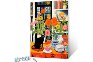 AIHONMIN Black Cat and Colorful Potted Paint by Numbers Kits for Adults DIY Canvas Oil Painting Acrylic Pigment Kits Green Leaf Flowers Plant Paint by Number Home Wall Art Decor Gift Artwork 16x20In(Frameless)