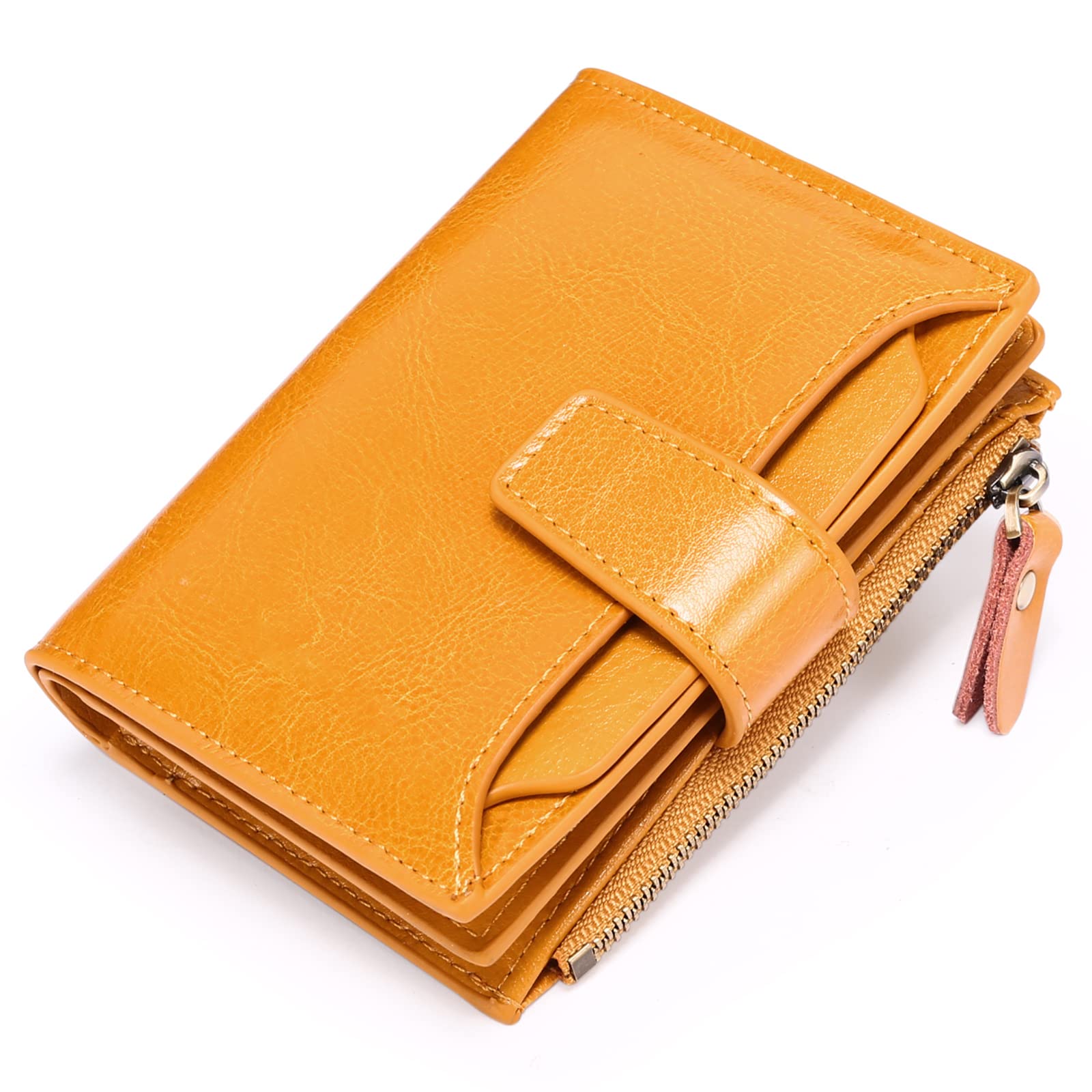 SENDEFN Women's RFID Blocking Leather Small Compact Bi-fold Zipper Pocket Wallet Card Case Purse with ID Window