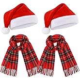 Coume Christmas Santa Hat and Scarf Set for Adults, Winter Plaid Scarf Warm Xmas Hat with Pompom for Men Women Holiday Gifts