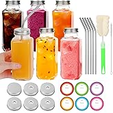 8 oz Glass Juice Bottles with Lids 6 Pack | Reusable & Leakproof Juicing Jars with Airtight & Sipping Lids, Straws & Brushes for Travel, Office, Home, Gym