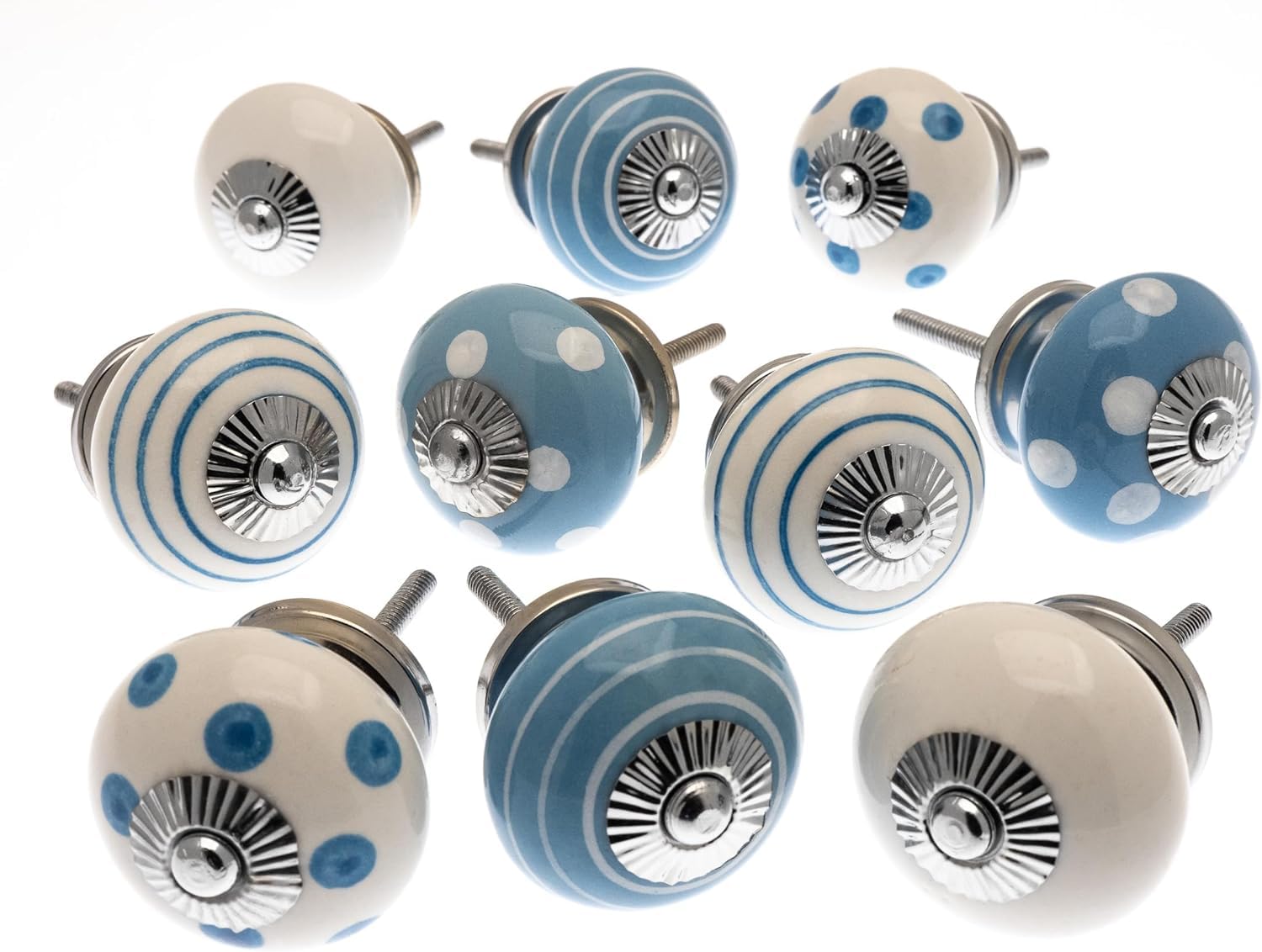 Mango Tree - Mixed Set of 10 x Blue and White Spots and Stripes Ceramic Door Cupboard Knobs